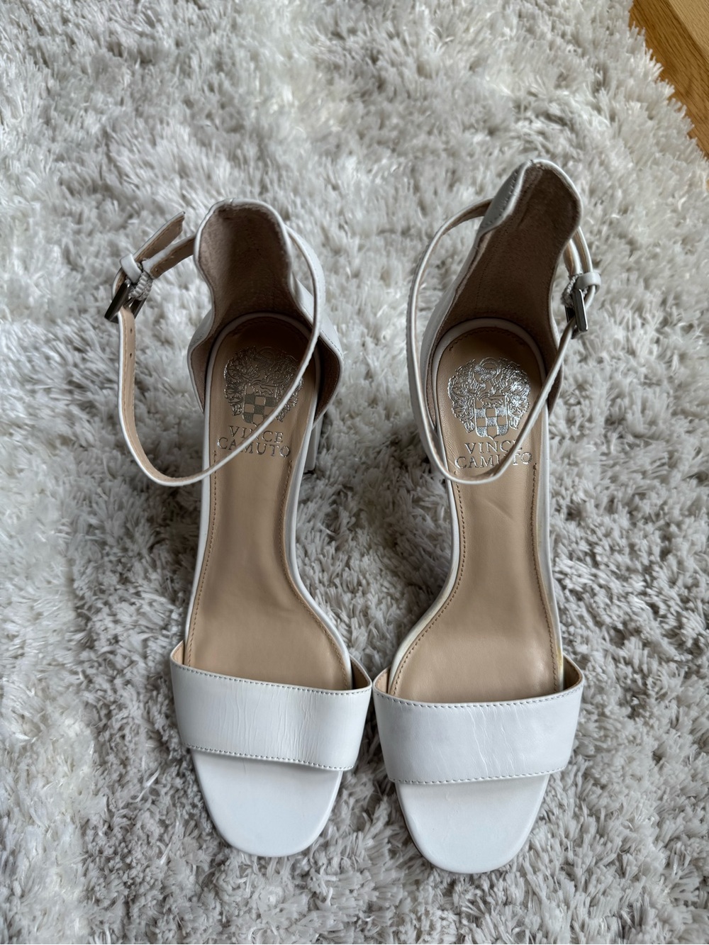 Vince Camuto White Ankle-Strap Block Heel Sandals